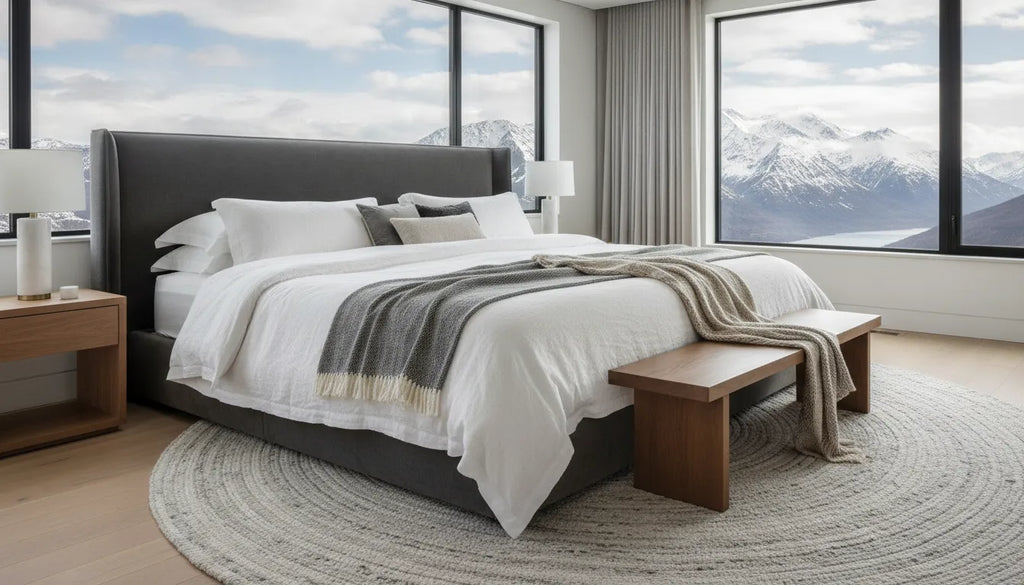 Alaskan king bed with cozy bedding in a modern bedroom overlooking mountains.