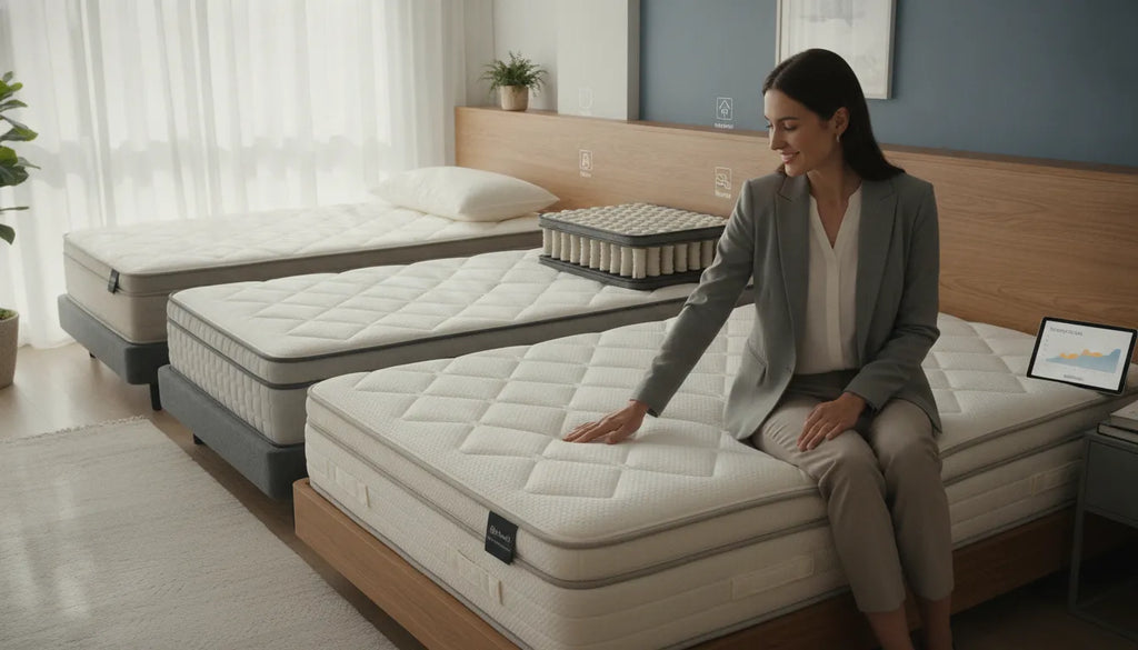 Woman tests mattress firmness in a showroom while comparing mattress options.