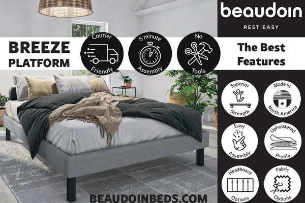 Gray bed with bedding on a platform, surrounded by promotional text and graphics for Beaudoin beds.
